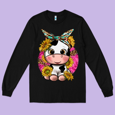 Long Sleeve Tee cut cow with sunflower and leopard  pink