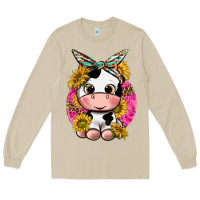 Mushroom cut cow with sunflower and leopard  pink Long Sleeve Tee - texasbilliewilder