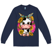 Navy cut cow with sunflower and leopard  pink Long Sleeve Tee - texasbilliewilder