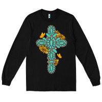 Black gemstone cross with sunflowers and butterflies Long Sleeve Tee - texasbilliewilder