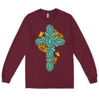 Burgundy gemstone cross with sunflowers and butterflies Long Sleeve Tee - texasbilliewilder