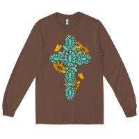 Chestnut gemstone cross with sunflowers and butterflies Long Sleeve Tee - texasbilliewilder