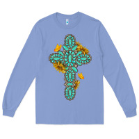 Colony Blue gemstone cross with sunflowers and butterflies Long Sleeve Tee - texasbilliewilder