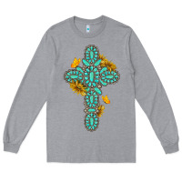 Heather Grey gemstone cross with sunflowers and butterflies Long Sleeve Tee - texasbilliewilder