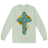 Matcha gemstone cross with sunflowers and butterflies Long Sleeve Tee - texasbilliewilder
