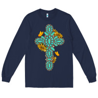 Navy gemstone cross with sunflowers and butterflies Long Sleeve Tee - texasbilliewilder
