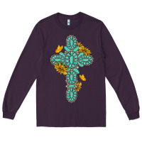 Plum gemstone cross with sunflowers and butterflies Long Sleeve Tee - texasbilliewilder