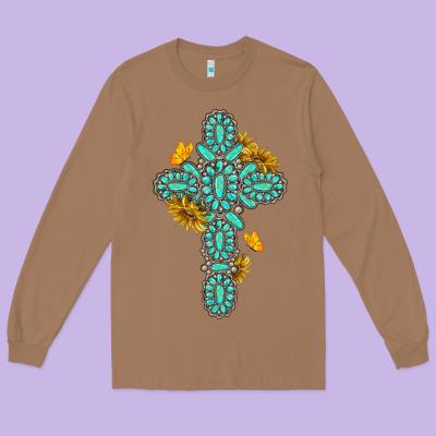 Long Sleeve Tee gemstone cross with sunflowers and butterflies