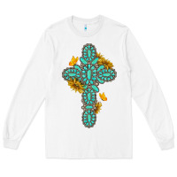 White gemstone cross with sunflowers and butterflies Long Sleeve Tee - texasbilliewilder