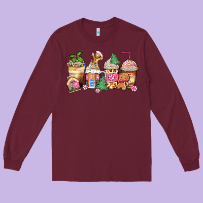 Long Sleeve Tee pink gingerbread coffee cups