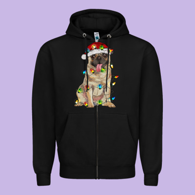Pug With Christmas Lights Zipper Hoodie Designed By Ranaportraitstore