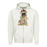 Oatmeal Heather pug with christmas lights Zipper Hoodie - RanaPortraitStore