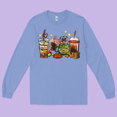 Long Sleeve Tee Christmas coffee cups with Pug