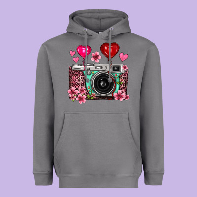 Floral Heart Pink Leopard Vintage Camera Heavyweight Hoodie Designed By Fadigitalartstudio
