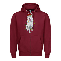 Burgundy christmas white shepherd with christmas lights Zipper Hoodie - RanaPortraitStore