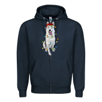 Navy christmas white shepherd with christmas lights Zipper Hoodie - RanaPortraitStore