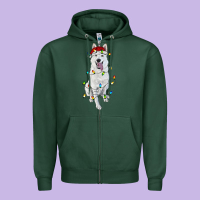 Christmas White Shepherd With Christmas Lights Zipper Hoodie Designed By Ranaportraitstore
