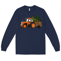 Navy Christmas Orange Farm Tractor Long Sleeve Tee - RanaPortraitStore