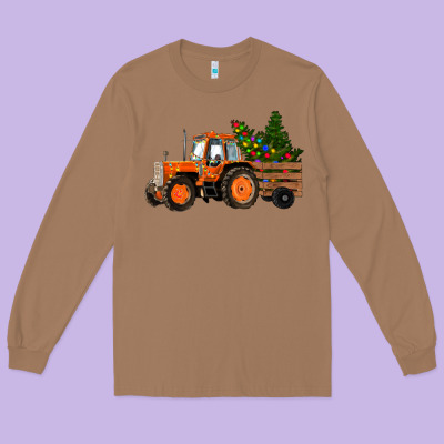 Long Sleeve Tee Christmas Orange Farm Tractor