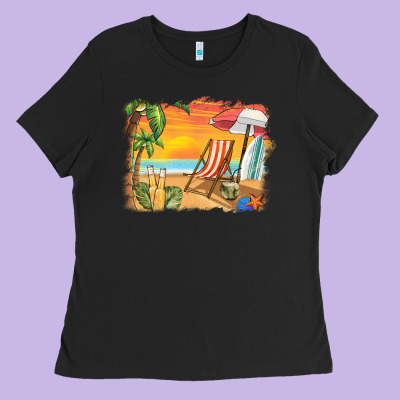 Sunset Beach Background Ladies Tee Designed By Barkaloodesign