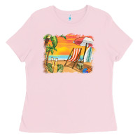 Bubblegum Pink sunset beach background Ladies Tee - BarkalooDesign
