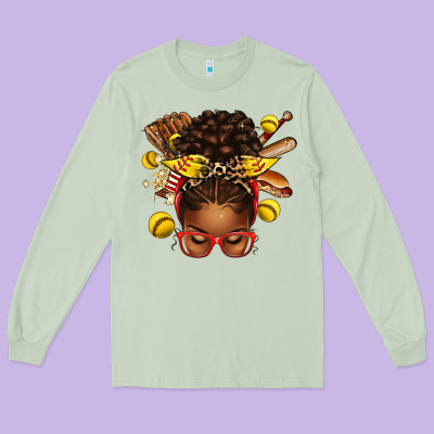 Long Sleeve Tee softball afro messy bun