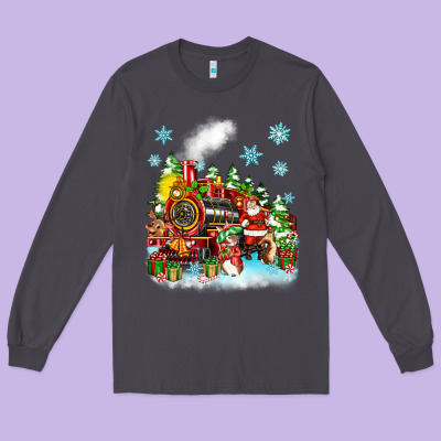 Long Sleeve Tee christmas santa and friends train