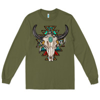 Army Green western aztec bull skull with gemstone Long Sleeve Tee - texasbilliewilder