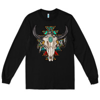 Black western aztec bull skull with gemstone Long Sleeve Tee - texasbilliewilder