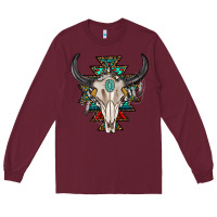 Burgundy western aztec bull skull with gemstone Long Sleeve Tee - texasbilliewilder