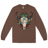 Chestnut western aztec bull skull with gemstone Long Sleeve Tee - texasbilliewilder