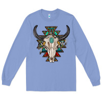 Colony Blue western aztec bull skull with gemstone Long Sleeve Tee - texasbilliewilder