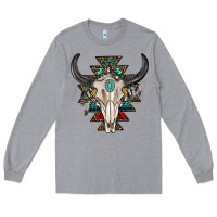 Heather Grey western aztec bull skull with gemstone Long Sleeve Tee - texasbilliewilder