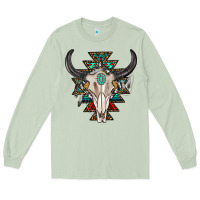 Matcha western aztec bull skull with gemstone Long Sleeve Tee - texasbilliewilder
