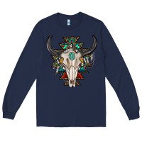 Navy western aztec bull skull with gemstone Long Sleeve Tee - texasbilliewilder