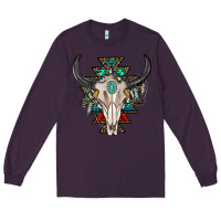 Plum western aztec bull skull with gemstone Long Sleeve Tee - texasbilliewilder