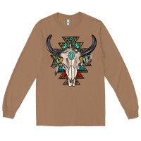Toasted Coconut western aztec bull skull with gemstone Long Sleeve Tee - texasbilliewilder