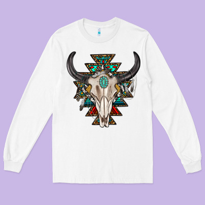 Long Sleeve Tee western aztec bull skull with gemstone