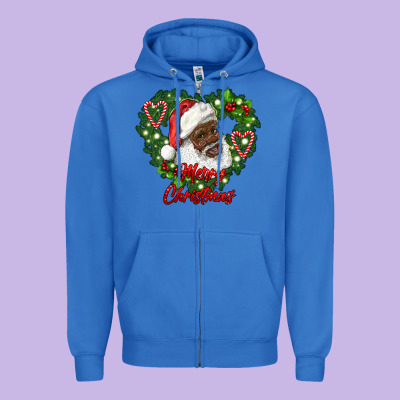 Merry Christmas African American Santa With Wreath Zipper Hoodie Designed By Ranaportraitstore