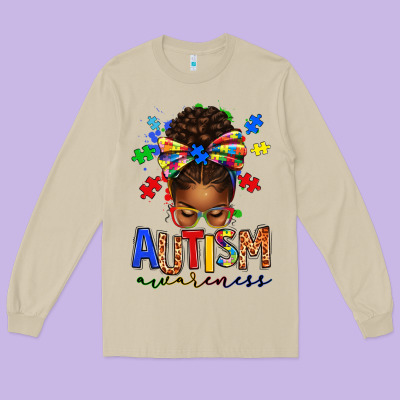 Long Sleeve Tee autism awareness afro messy bun
