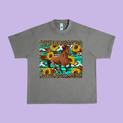 Western Horse Sunflowers Urban Heavy Tee Designed By Artiststas