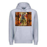 Heather Grey first in last out firefighter Premium Hoodie - AdoDesignShop
