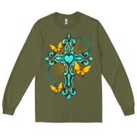 Army Green cross with heart shaped gemstone and butterfly Long Sleeve Tee - texasbilliewilder