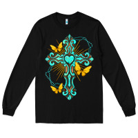 Black cross with heart shaped gemstone and butterfly Long Sleeve Tee - texasbilliewilder