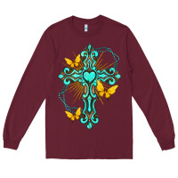 Burgundy cross with heart shaped gemstone and butterfly Long Sleeve Tee - texasbilliewilder