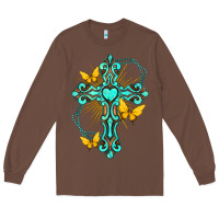 Chestnut cross with heart shaped gemstone and butterfly Long Sleeve Tee - texasbilliewilder