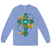 Colony Blue cross with heart shaped gemstone and butterfly Long Sleeve Tee - texasbilliewilder