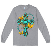 Heather Grey cross with heart shaped gemstone and butterfly Long Sleeve Tee - texasbilliewilder