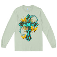 Matcha cross with heart shaped gemstone and butterfly Long Sleeve Tee - texasbilliewilder