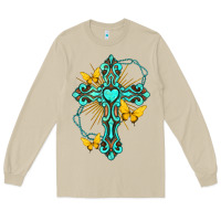 Mushroom cross with heart shaped gemstone and butterfly Long Sleeve Tee - texasbilliewilder